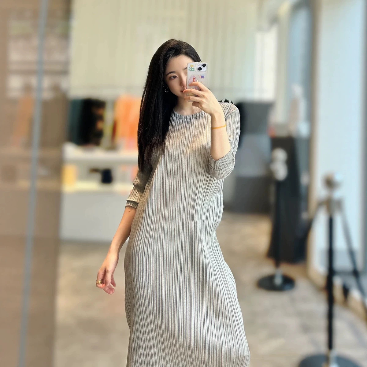 三宅褶皱女装新款女牛仔印花长袖连衣裙纯色现货源头工厂多色可选详情图