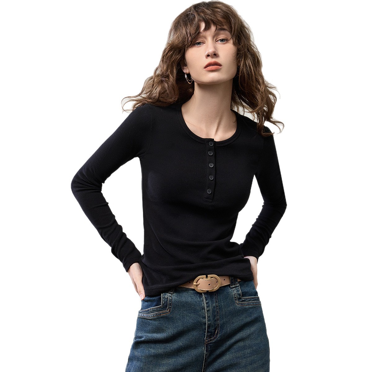 气质亨利领修身长袖t恤女2026秋季新款内搭打底衫纯色显瘦上衣详情图